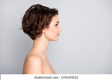 Closeup profile photo of attractive beautiful naked lady bob short hairstyle look empty space sensual aesthetic beauty isolated grey color background