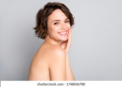 Closeup Profile Photo Of Beautiful Nude Lady Short Bob Hairdo Rejuvenation Spa Salon Procedure Soft Facial Skin Touch Arms Cheekbone Aesthetic Isolated Grey Color Background