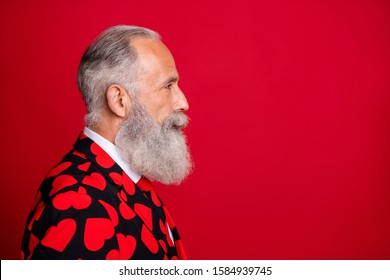 Closeup Profile Photo Of Cool Aged Attractive Man Amour Character Role Romance Surprise For Wife Wear Hearts Pattern Suit Costume Shirt Tie Isolated Red Color Background