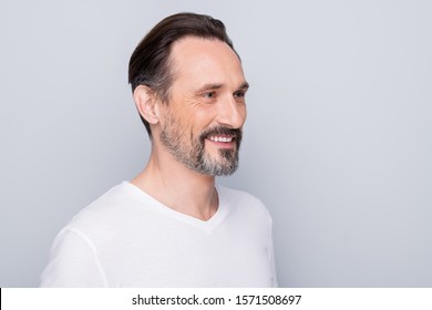 Closeup Profile Photo Of Handsome Aged Man Good Mood Beaming Smile Enjoy Mature Appearance Look Younger His Years Wear White T-shirt Isolated Grey Color Background