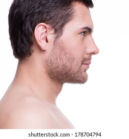 Close-up Profile Portrait Of Handsome Smiling Young Man - Isolated On White.