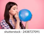 Close-up profile side view portrait of nice attractive cute charming lovely funny straight-haired lady wearing checked shirt blowing air ball isolated over pink background