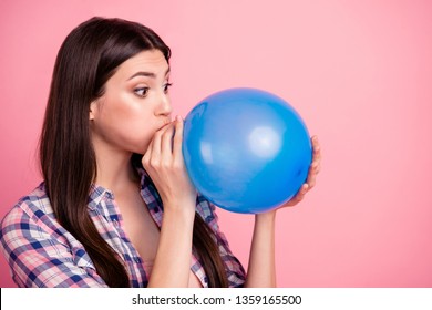 Close-up profile side view portrait of nice attractive cute charming lovely funny straight-haired lady wearing checked shirt blowing air ball isolated over pink background