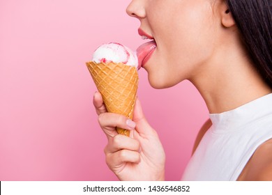 Close-up Profile Side View Portrait Of Her She Nice-looking Lovely Attractive Cheerful Cheery Glad Lady Licking Favorite Ice Cream Berry Taste Flavor Isolated Over Pink Pastel Background