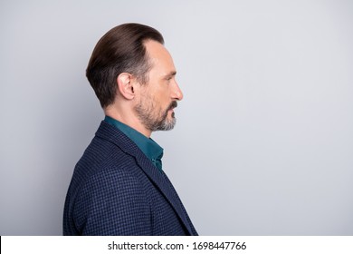 Close-up Profile Side View Portrait Of Nice Attractive Content Middle Age Man Wearing Formal-wear Financier Economist Isolated Over Light White Gray Pastel Color Background