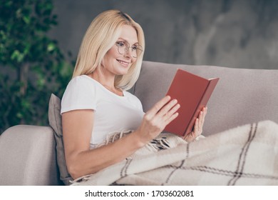 Close-up Profile Side View Portrait Of Her She Nice Attractive Charming Cheerful Focused Mature Lady Sitting On Divan Reading Book In Modern Industrial Loft Interior Style Apartment House