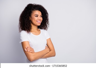 Close-up Profile Side View Portrait Of Her She Nice Attractive Lovely Pretty Lovable Cheerful Cheery Wavy-haired Girl Folded Arms Isolated Over Light White Pastel Color Background