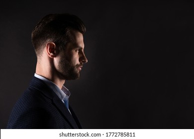 Close-up Profile Side View Portrait Of His He Nice Attractive Man Professional Director Corporate Partner Company Owner Isolated Over Dark Black Pastel Color Background