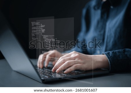 Close-up of programmer typing on laptop with digital code overlay, symbolizing software development, coding, IT engineering, and modern technology innovation.