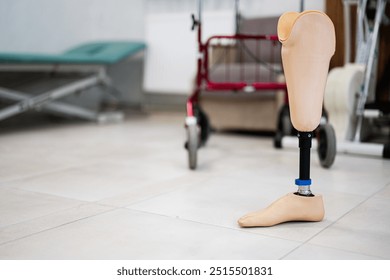 Close-up of a prosthetic leg placed in a rehabilitation center, with medical equipment in the background, symbolizing hope and recovery. - Powered by Shutterstock