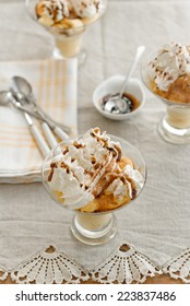 Closeup Of Pumpkin Cream Cheese Caramel Trifle In Individual Glasses.