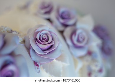 Close-up Of A Purple Marzipan Rose On A Wedding Cake.