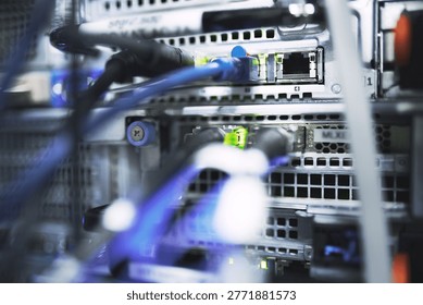 Closeup, rack and ethernet cables in server room for database, IT infrastructure and backup system. Dashboard, mainframe or optical panel with electrical wire, power distribution and network security