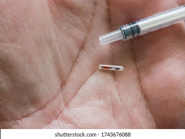 Close-up Of Radio Frequency Identification -  Microchip On A Palm. Concept Image For Illustration As Microchips Can Be Implanted In Living Organisms For Medical Control. Concept Of Modern Technology