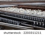 Close-up of a railroad track with a rack, cog railway in Zermatt, Gornergrat railway station, Switzerland, Europe