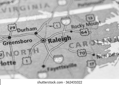 Closeup Of Raleigh, NC On A Geographical Map. (black And White)