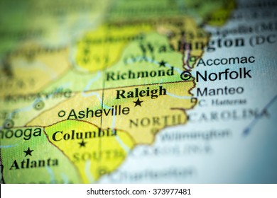 Closeup of Raleigh, North Carolina on a political map of USA.