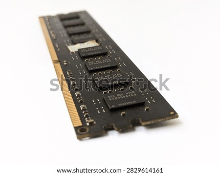 Closeup of RAM memory module isolated on clean white background with copy space. Essential photo for PC hardware, memory upgrade, and tech concept.