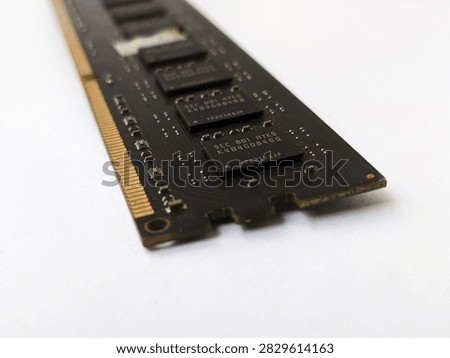 Closeup of RAM memory module isolated on clean white background with copy space. Essential photo for PC hardware, memory upgrade, and tech concept.