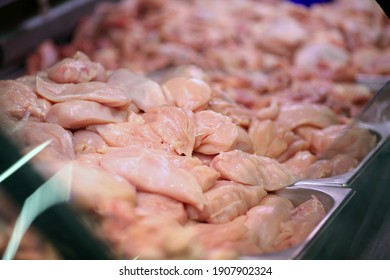 Close-up Of Raw Chicken Fillet On A Store Counter. Protein For The Diet, Healthy Food.