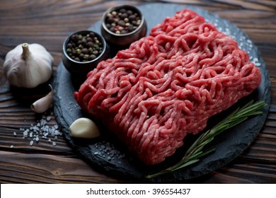 Close-up Of Raw Fresh Ground Beef Meat On A Stone Slate Plate