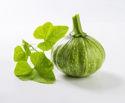 Close-up Of A Raw Green Squash Fruit With Pumpkin Leaves And Vine On White Floor, South Korea
