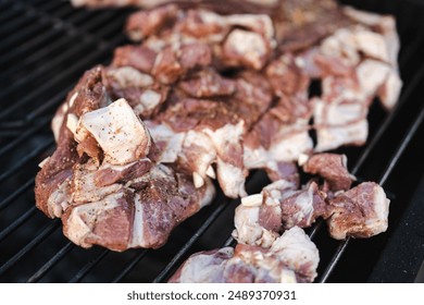 Closeup of raw meat slices sizzling on a charcoal grill - Powered by Shutterstock