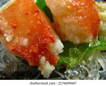 Close-up Raw Vibrant Orange Color Of Fresh Crab Meat Kani Osaka Style Japanese Seafood