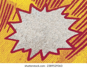 Closeup of real vintage comic book page with empty white speech bubble on a background texture of yellow red printing dots