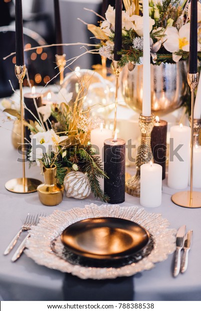 Closeup Reception Table Decorated Wedding Another Stock Photo