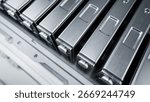 Close-up of Rectangular Battery Modules for Automotive Industry. High Performance EV Battery Cells for Electric Vehicle or Hybrid Car. High-voltage and High Capacity Blade Battery