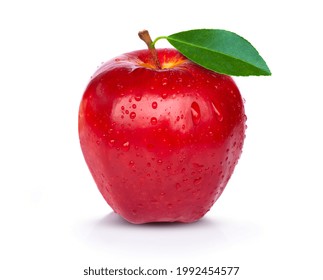 Closeup red apple with green leaf and water droplets isolated on white background. - Powered by Shutterstock