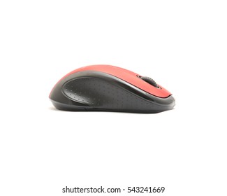 Close-up Red And Black Wireless Mouse In Contoured Shape Isolated On White Background. Modern Computer Mouse With Soft Rubber Grips, Back-forward And Side To Side Scrolling Buttons.  Side View.