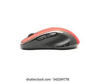 Close-up Red And Black Wireless Mouse In Contoured Shape Isolated On White Background. Modern Computer Mouse With Soft Rubber Grips, Back-forward And Side To Side Scrolling Buttons.  Side View.