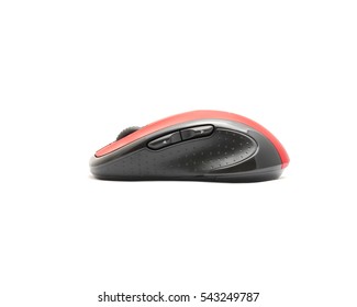 Close-up Red And Black Wireless Mouse In Contoured Shape Isolated On White Background. Modern Computer Mouse With Soft Rubber Grips, Back-forward And Side To Side Scrolling Buttons.  Side View.