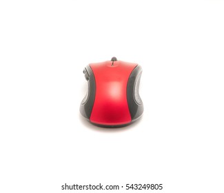 Close-up Red And Black Wireless Mouse In Contoured Shape Isolated On White Background. Modern Computer Mouse With Soft Rubber Grips, Back-forward And Side To Side Scrolling Buttons.  Rear View.