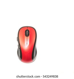 Close-up Red And Black Wireless Mouse In Contoured Shape Isolated On White Background. Modern Computer Mouse With Soft Rubber Grips, Back-forward And Side To Side Scrolling Buttons.  Top View.