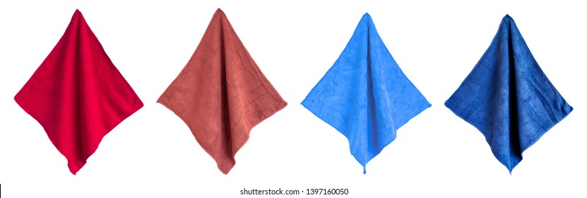 Closeup red, brown, blue colour or colorful  stack of fabric cleaning rag microfiber cloth background. Detail sample clean fabric texture backdrop. Image isolated on white background.