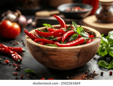 Close-Up of Red Chili Peppers in a Wooden Bowl - Powered by Shutterstock