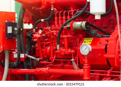 Close-up Of The Red Diesel Engine For Fire Pump Driven