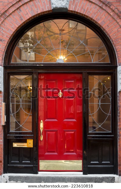 Closeup Red Door Black Archway Door Stock Photo Edit Now 223610818