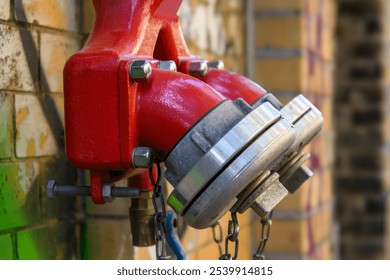 close-up of a red fire hydrant on a brown brick wall with graffiti
