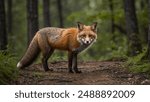 Close-up of a red fox standing on a forest path