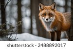 Close-up of a red fox standing on a forest path