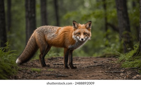 Close-up of a red fox standing on a forest path