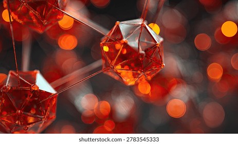 Close-up of a red, geometric molecular structure with interconnected nodes, set against a blurred background of warm bokeh lights.