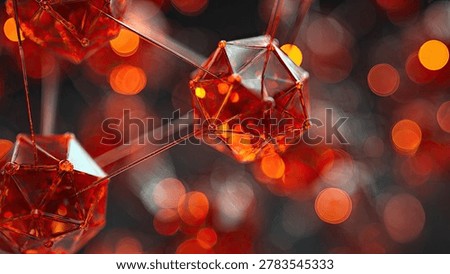 Close-up of a red, geometric molecular structure with interconnected nodes, set against a blurred background of warm bokeh lights.