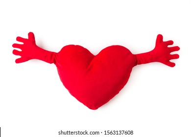 Close-up Of Red Heart Pillow With Hands Isolated