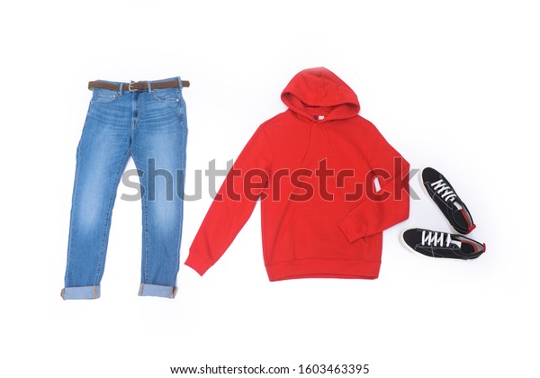 red hoodie blue jeans