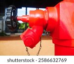 Close-up of a red hydrant at Cibubur LRT station, Jakarta.